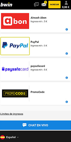 Cajero con los métodos de pago disponibles en el casino bwin