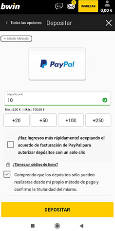 Selección de PayPal como método de depósito en el casino bwin
