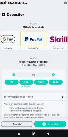 Selección de PayPal como método de depósito en el casino Casino Barcelona