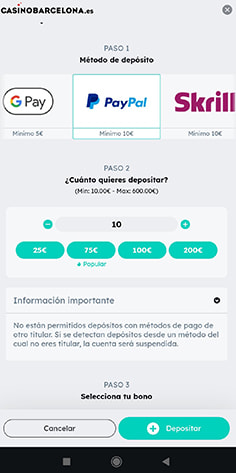 Introducción de la suma del depósito con PayPal en Casino Barcelona