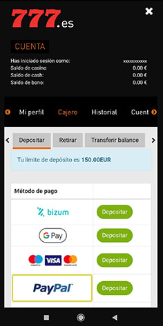 Cajero con los métodos de pago en Casino777