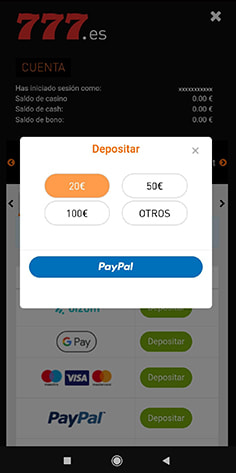 Introducción del importe del depósito con PayPal en Casino777