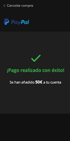 Mensaje de confirmación de la transacción con PayPal en Casino777