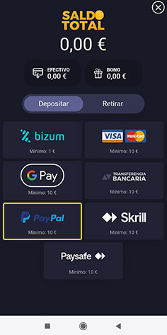 Selección de PayPal como forma de pago en Gran Madrid Casino Online