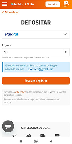 Introducción del importe del depósito con PayPal en el casino Luckia