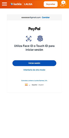 Verificación de identidad para iniciar sesión de pago con PayPal en Luckia