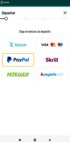 Cajero con los métodos de pago disponibles en casino Paf y selección de PayPal