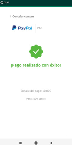 Confirmación del depósito realizado con PayPal en Paf
