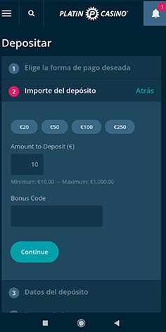 Introducción del importe del depósito con PayPal en Platincasino