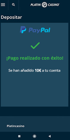 Confirmación del depósito con PayPal en Platincasino
