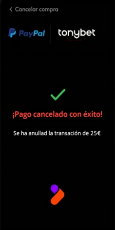 Notificación sobre el depósito realizado con PayPal en TonyBet