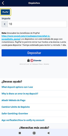 Selección de la cantidad del depósito en el cajero de William Hill