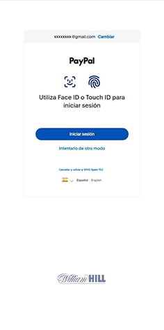 Inicio de sesión en PayPal para realizar el depósito con PayPal en William Hill