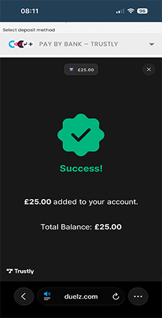 Confirm the Trustly Deposit to Duelz