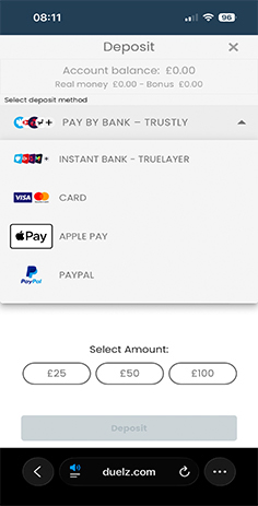 Duelz Casino Cashier with Payment Methods Including Trustly