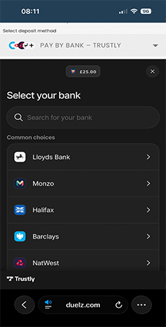 Bank Selection for the Trustly Deposit at Duelz