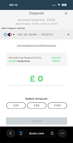 Duelz Casino Cashier with Select Deposit Amount