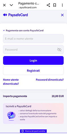Reindirizzamento da Eurobet alla pagina paysafecard