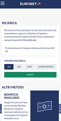 La cassa del casinò Eurobet con metodi di pagamento