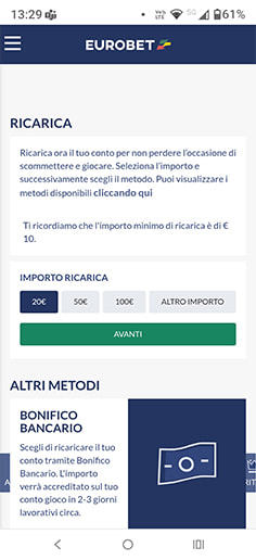 La cassa del casinò di Eurobet con importo da selezionare