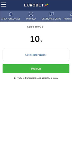 L'invio della richiesta di prelievo sull'app di Еurobet