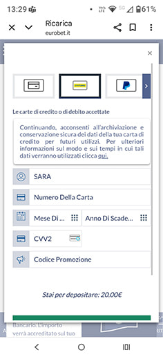 Inserimento dei dati relativi a Postepay su Eurobet