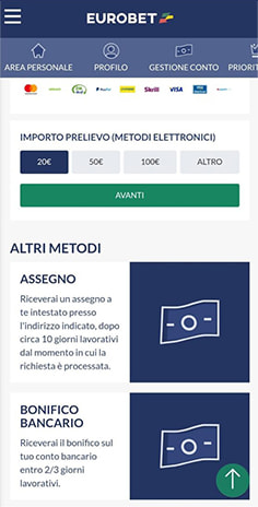 La schermata di Еurobet per inserire l'importo del prelievo