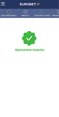 La conferma della ricezione dell'accredito dall'app di Еurobet