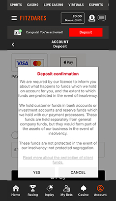 Fitzdares Casino Cashier with Deposit Amount