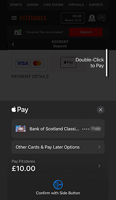 Redirect from Fitzdares Casino to Apple Pay