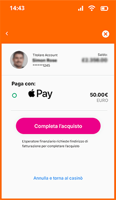 Schermata di conferma Apple Pay con Face ID su Gioco Digitale