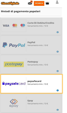 Cassa del casinò Gioco Digitale con selezione paysafecard