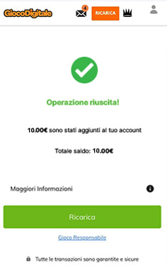 Conferma deposito con paysafecard su Gioco Digitale