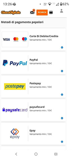 La cassa del casinò Gioco Digitale con selezione di PostePay