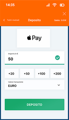 Selezione dell'importo del deposito con Apple Pay su GoldBet