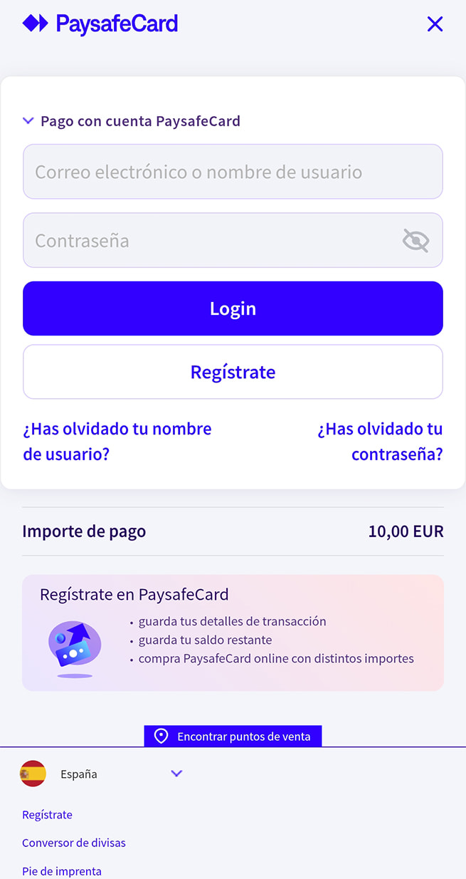 Inicio de sesión en la cuenta PaysafeCard para pagar en Gran Madrid Casino Online