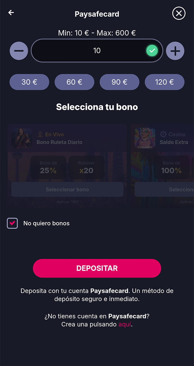 Selección del importe del depósito con PaysafeCard en Gran Madrid Casino Online