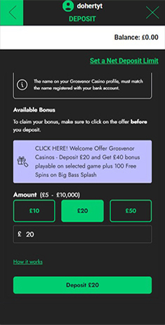 Grosvenor Casino Cashier with Select Deposit Amount