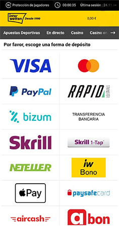 Cajero de Interwetten con PaysafeCard entre los métodos de depósito