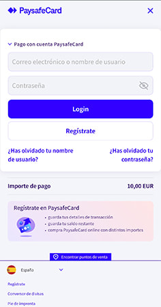 Inicio de sesión en la cuenta PaysafeCard para pagar en Interwetten