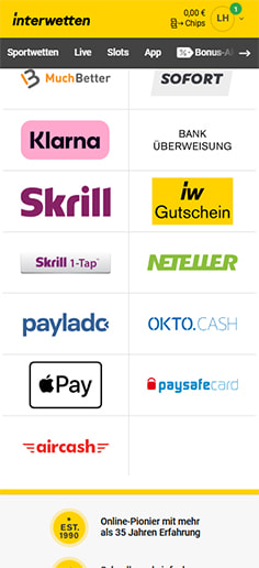 Schritt 1 zur Einzahlung mit PaysafeCard im Interwetten Casino: PaysafeCard auswählen.