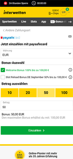 Schritt 2 zur Einzahlung mit PaysafeCard im Interwetten Casino: Betrag eingeben.