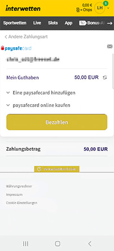 Schritt 3 zur Einzahlung mit PaysafeCard im Interwetten Casino: Zahlung bestätigen.