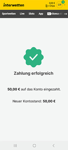 Schritt 4 zur Einzahlung mit PaysafeCard im Interwetten Casino: Betrag wird gutgeschrieben.