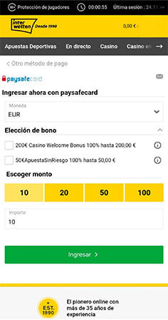 Selección del importe del depósito con PaysafeCard en Interwetten