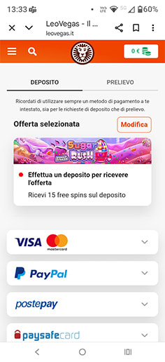 La cassa del casinò LeoVegas con i metodi pagamento