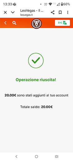 Conferma di deposito con Postepay su LeoVegas