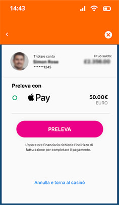 L'invio della richiesta di prelievo con Apple Pay sul casinò LeoVegas