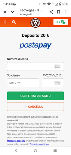 Schermata di inserimento dei dati della carta Postepay