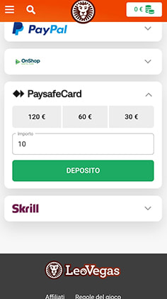 Inserimento cifra da depositare con paysafecard su LeoVegas